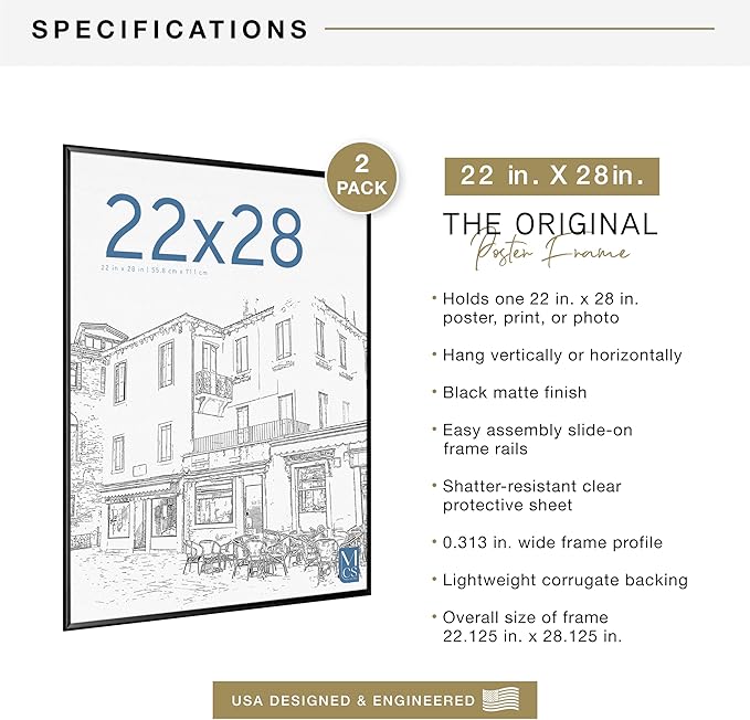 MCS Original Poster Frame 22x28 Black Lightweight Vertical & Horizontal Wall Hanging Large Picture Frame for Posters, Art Prints & Gallery Wall (2-Pack)