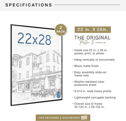 MCS Original Poster Frame 22x28 Black Lightweight Vertical & Horizontal Wall Hanging Large Picture Frame for Posters, Art Prints & Gallery Wall (2-Pack)