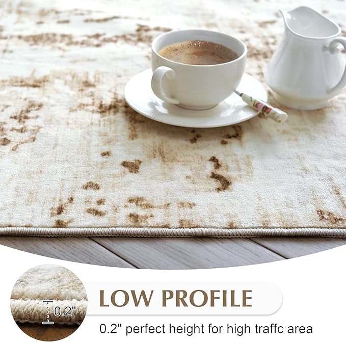 FMFUNCTEX 8x10 Washable Area Rug Brown Beige Neutral Abstract Modern Large Non Slip Carpet for Living Room Bedroom Soft Low Pile Indoor Mat Contemporary Throw Rug for Dining Kitchen Office Nursery