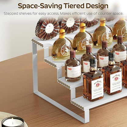 Spice Rack, Wooden Display Riser Stand, Set of 2, Perfume Organizer, Vanity Display Stand, Tiered Countertop Organizers, Space Saving, for Kitchen Spices, Syrup, Coffee Mugs, White SR04L2WW