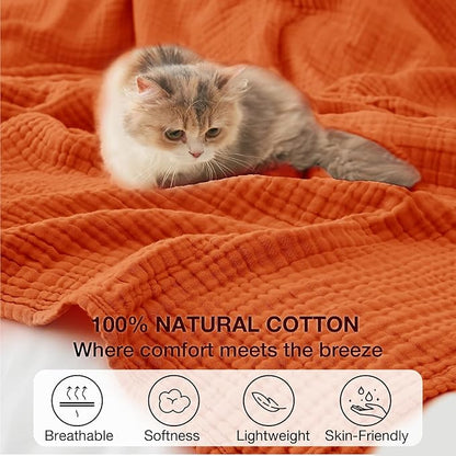 100% Cotton Muslin Blanket Twin 66" x 90", 6 Layers Breathable and Lightweight Cotton Blankets for Couch, Soft Cooling Summer Gauze Blanket for Adults All Season, Orange