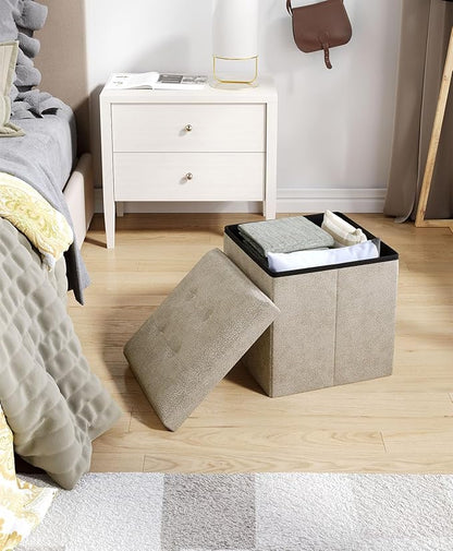 Folding Storage Ottoman Bench, Multi-Functional Ottoman Foot Rest, End of Bed Bench, Storage Chest for Living Room, Bedroom, Hallway, Entryway, Holds Up to 300 lbs (Beige, 15 Inches)