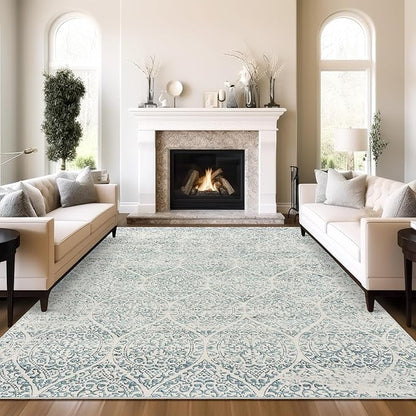 10x14 Area Rugs for Living Room Large Washable Rugs for Bedroom Floral Vintage Non-Slip Thin Area Rug Indoor Home Office Decor Light Blue