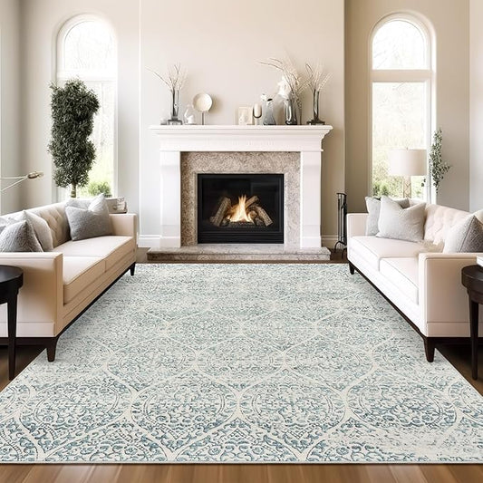 10x14 Area Rugs for Living Room Large Washable Rugs for Bedroom Floral Vintage Non-Slip Thin Area Rug Indoor Home Office Decor Light Blue