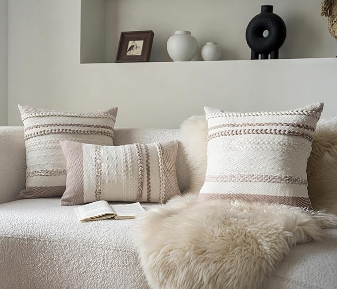 Boho Throw Pillow Covers 20x20 Inch Set of 2, Khaki Textured Decorative Couch Pillow Cases for Farmhouse Home Decor, Accent Cushion Cover for Sofa, Bed, Living Room, Bedroom