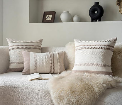 Boho Throw Pillow Covers 20x20 Inch Set of 2, Khaki Textured Decorative Couch Pillow Cases for Farmhouse Home Decor, Accent Cushion Cover for Sofa, Bed, Living Room, Bedroom