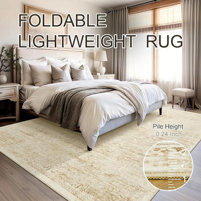 Washable Area Rug 8x10, Large Soft Rugs for Living Room Vintage Beige 8x10 Area Rugs for Bedroom Dining Room Floral Non-Slip Thin Rug