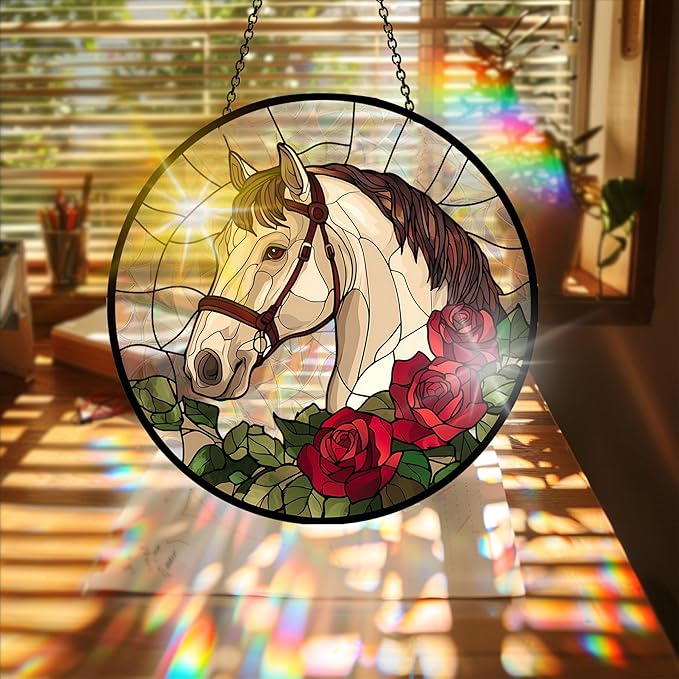 Bimkole Horse Sun Catchers Indoor Window - Flowers Acrylic Suncatcher Hanging Decoration for Living Room Bedroom Summer Home Balcony Outdoor Garden Ornaments Decoration 7.8x7.8 Inch