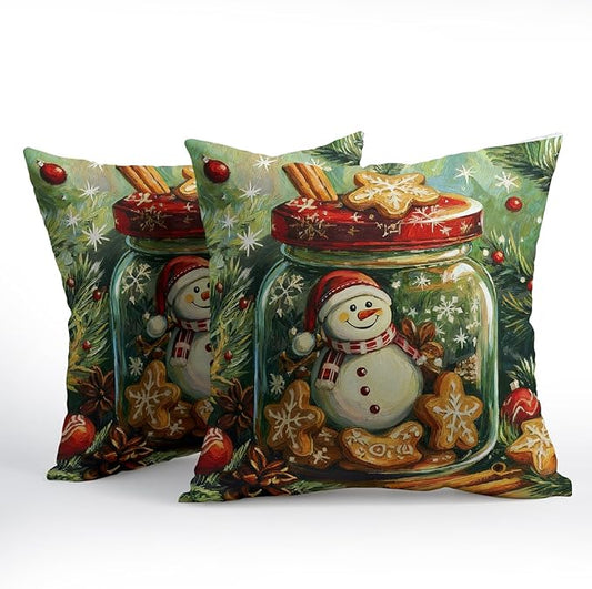 Christmas Pillow Covers 16x16 Set of 2 Green Snowman Throw Pillow Covers Winter Pillowcase Linen Decoration Farmhouse Snowflake Bell Cozy Soft Cushion Case Couch for Indoor Outdoor Home Decor