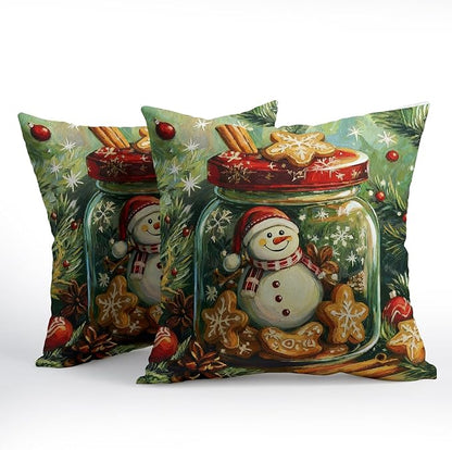 Christmas Pillow Covers 20x20 Set of 2 Green Snowman Throw Pillow Covers Winter Pillowcase Linen Decoration Farmhouse Snowflake Bell Cozy Soft Cushion Case Couch for Indoor Outdoor Home Decor