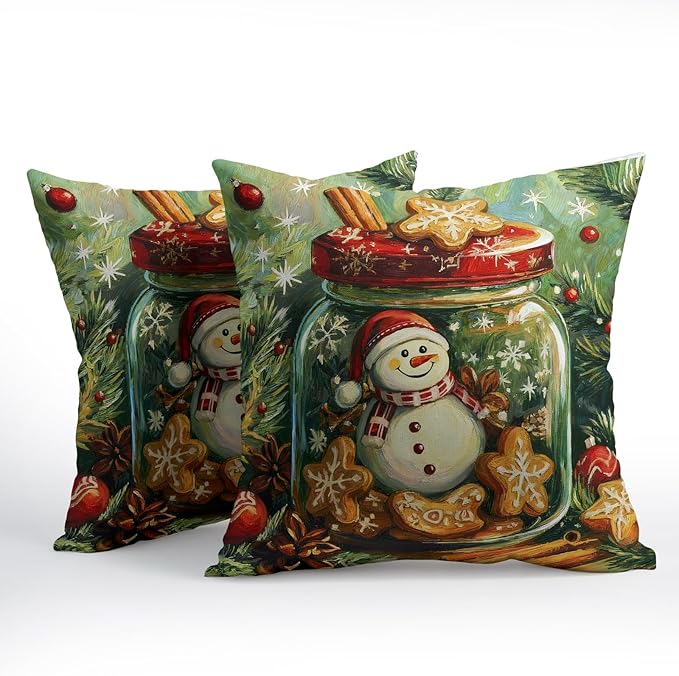 Christmas Pillow Covers 18x18 Set of 2 Green Snowman Throw Pillow Covers Winter Pillowcase Linen Decoration Farmhouse Snowflake Bell Cozy Soft Cushion Case Couch for Indoor Outdoor Home Decor