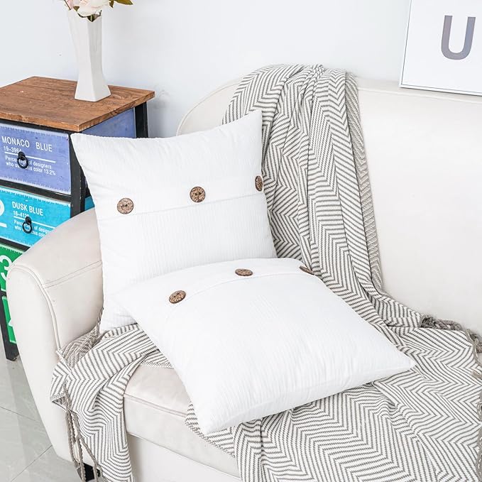HWY 50 White Chenille Throw Pillow Covers 20x20 Inch with Triple Buttons, Soft Farmhouse Accent Decorative Cushion Cases for Couch Sofa Bed Living Room Pack of 2