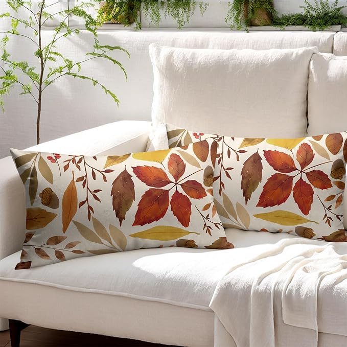 Fall Leaf Lumbar Pillow Covers 12x20 Set of 2 Brown Beige Maple Leaves Autumn Harvest Throw Pillow Cases Zipper Outdoor Decorative Cushion Cover Rustic Decoration Farmhouse Home Sofa Couch Bed Decor
