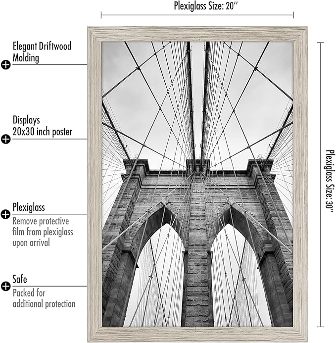 Americanflat 20x30 Poster Frame with Polished Plexiglass - Wide Picture Frames Made of Engineered Wood for Vertical or Horizontal Wall Display - Epic Collection - Driftwood