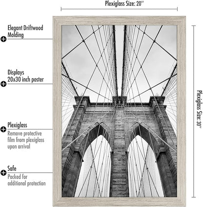 Americanflat 20x30 Poster Frame with Polished Plexiglass - Wide Picture Frames Made of Engineered Wood for Vertical or Horizontal Wall Display - Epic Collection - Driftwood