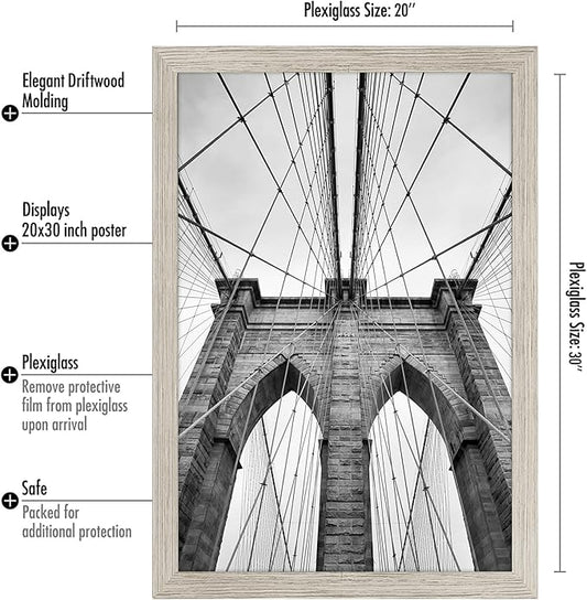 Americanflat 20x30 Poster Frame with Polished Plexiglass - Wide Picture Frames Made of Engineered Wood for Vertical or Horizontal Wall Display - Epic Collection - Driftwood