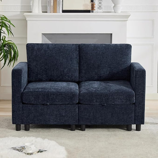 58'' Modular Sectional Loveseat Sofa, Modern Love Seat 2 Seater Sofa Couch with Storage, Chenille Modular Sectional Couch for Living Room, Bedroom, Office, Small Apartment, Navy