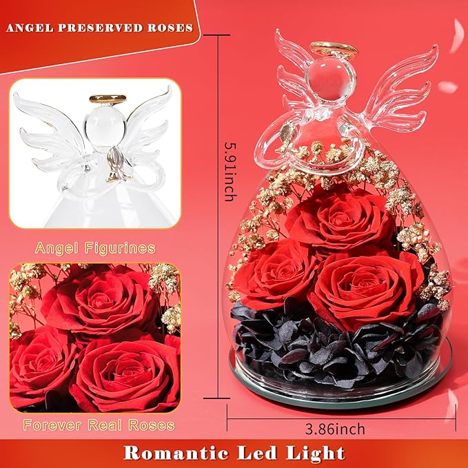 Beferr Valentines Day Rose Gifts for Her Women Mom Gifts for Birthday, Fresh Flowers for Delivery Prime Forever Preserved Rose in Glass Angel Figurine, for Grandma Wife Kids Daughter