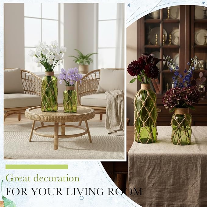 Chuangdi Set of 2 Coastal Glass Vases Christmas Vases for Flowers with Boho Rope Christmas Centerpieces for Tables Small Beach Bottle for Nautical Wedding Floral Arrangement Decorations(Olive Green)