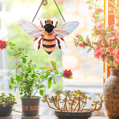 Bee Window Hangings Decor - Acrylic Sun Catcher Ornaments with Hook & Chain,Art SunCatcher Pendant for Gifts Indoor Outdoor Home Wall Living Room Spring Summer Decoration (Single Bee)