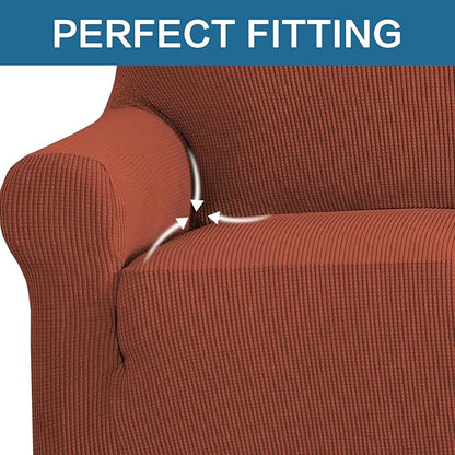 H.VERSAILTEX Stretch Couch Cover Loveseat Covers for 2 Cushion Couch Slipcover|Sofa Cover for Loveseat 1 Piece with Elastic Bottom, Checked Jacquard Fabric(58'-70' Wide, Rust)
