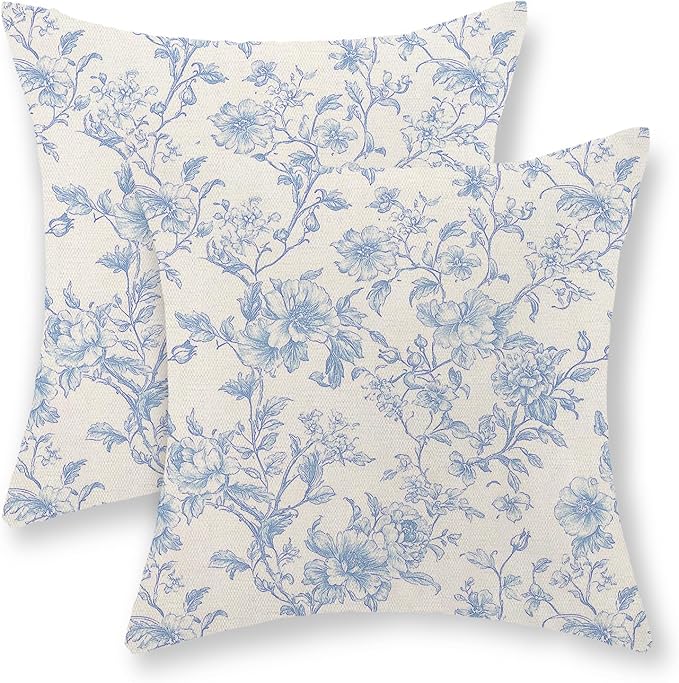 Baby Blue Pillow Covers 18x18 Set of 2 Blue and Cream Floral Chinoiserie Throw Pillows Vintage Rustic Toile Flower Decorative Pillowcase Outdoor Chinoiserie Decor Cushion Case for Couch Sofa