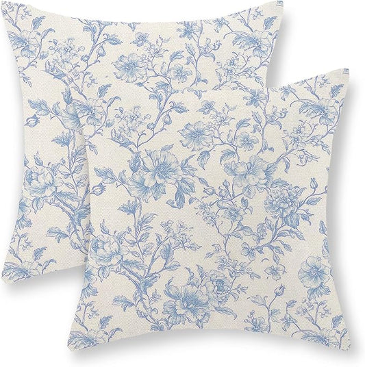 Baby Blue Pillow Covers 18x18 Set of 2 Blue and Cream Floral Chinoiserie Throw Pillows Vintage Rustic Toile Flower Decorative Pillowcase Outdoor Chinoiserie Decor Cushion Case for Couch Sofa