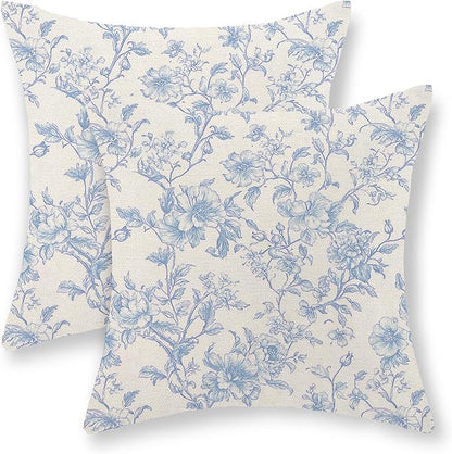 Baby Blue Pillow Covers 16x16 Set of 2 Blue and Cream Floral Chinoiserie Throw Pillows Vintage Rustic Toile Flower Decorative Pillowcase Outdoor Chinoiserie Decor Cushion Case for Couch Sofa
