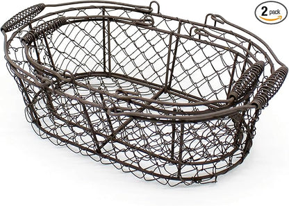 CVHOMEDECO. Oval Metal Wire Egg Basket Wire Fruit Basket with Handle Primitives Vintage Style Storage Basket. Rusty, Set of 2