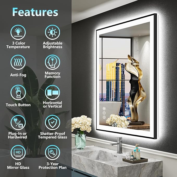 28x36 Inch Black Framed LED Bathroom Mirror with Lights, Backlit & Front Lit, Anti-Fog Lighted Vanity Mirrors for Bathroom Wall, Dimmable, 3-Color Light, Memory, Shatter-Proof, Tempered Glass