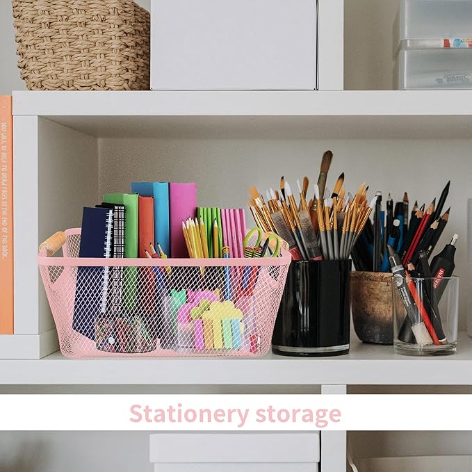PTSGCAI 2Pack Metal Mesh Steel Basket with Bamboo Handle - Wire Metal Basket for Kitchen Organization, 12" Wide Food Organizer Bin, Perfect for Organizing Bulk Pantry (PINK)