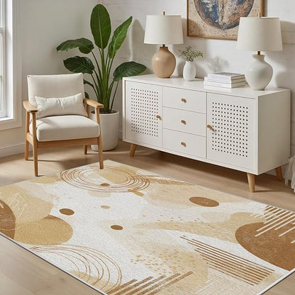 Minimalist Abstract Area Rug 5x8 Beige Boho, Modern Washable Geometric Art Carpet, Soft Non-Slip Low-Pile Carpet for Living Room, Bedroom, Kitchen, Dining Room, Pet Friendly, Non-Shedding, Brown