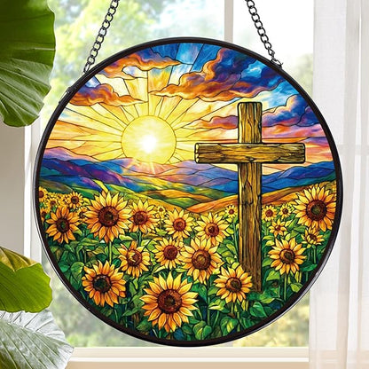 Rngmsi Stained Glass Window Hanging Cross, 8 Inch Sun Catcher Christian Cross and Sunflower Gift, Religious Easter Faith Christian Gifts for Wall Art Hanging Decorations