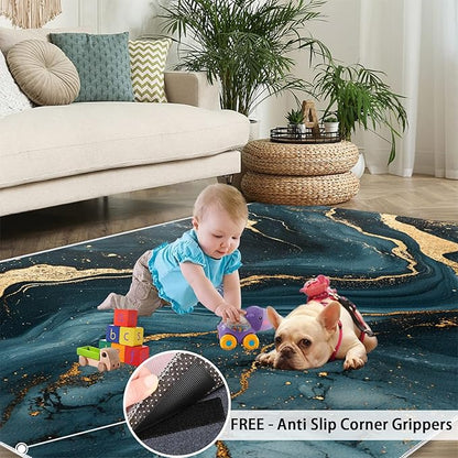 Marble Washable Area Rugs 6x8 Non-Slip Fluid Art Living Room Rug Gold Lines Soft for Carpet Low Pile Indoor Door Mat & Room Decor