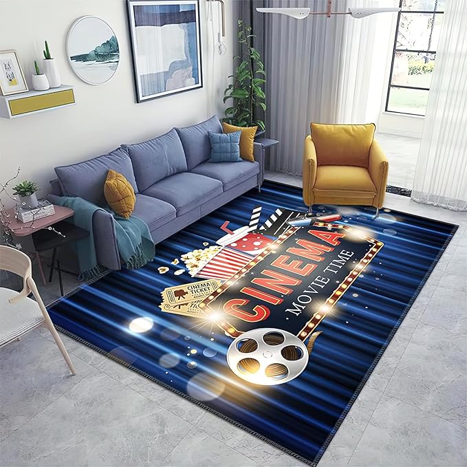 Blue Home Theater Cinema Area Rug, Movie Starts Non Slip Easy Care Throw Large Area Rugs, Breathable Durable Carpet for Indoor Bedroom Living Room Office Decor Rug - 5 ft x 8 ft