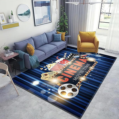 Blue Home Theater Cinema Area Rug, Movie Starts Non Slip Easy Care Throw Large Area Rugs, Breathable Durable Carpet for Indoor Bedroom Living Room Office Decor Rug - 3 ft x 5 ft