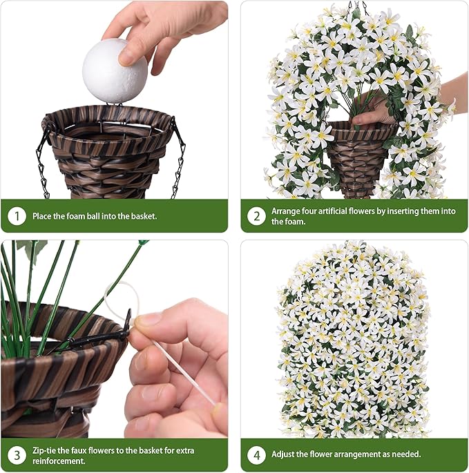 Artificial Flowers Plants for Outdoor with Basket, 4PCS Silk Hanging Faux Flowers Long Trailing Vines for Outside Home Porch Patio Decoration, White