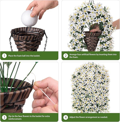 Artificial Flowers Plants for Outdoor with Basket, 4PCS Silk Hanging Faux Flowers Long Trailing Vines for Outside Home Porch Patio Decoration, White