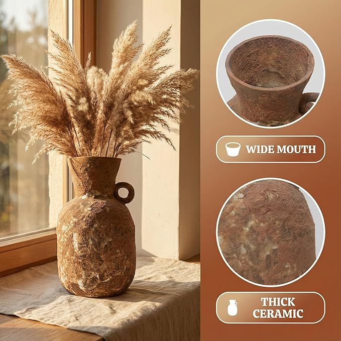 7IN Rustic Farmhouse Ceramic Vase Home Decor,Handmade Vintage Stoneware Clay Pottery Terracotta Textured for Modern Farmhouse, Living Room, Office Desk Table Shelf (Brown1)