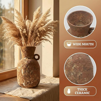 7IN Rustic Farmhouse Ceramic Vase Home Decor,Handmade Vintage Stoneware Clay Pottery Terracotta Textured for Modern Farmhouse, Living Room, Office Desk Table Shelf (Brown1)
