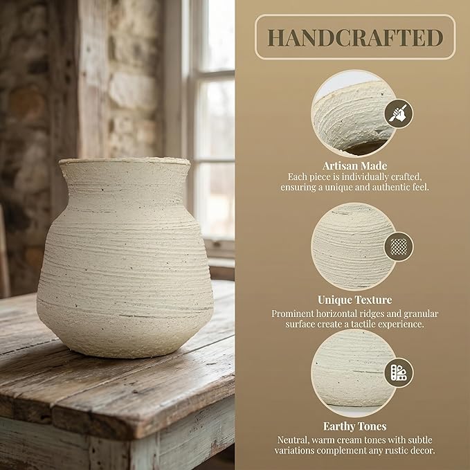 Rustic Wide Mouth Ceramic Flower Vase for Home Decor,Handmade Vintage Stoneware Clay Pottery Terracotta Textured for Modern Farmhouse, Living Room, Office Desk Table Shelf(Beige White) 6IN