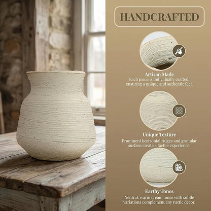 Rustic Wide Mouth Ceramic Flower Vase for Home Decor,Handmade Vintage Stoneware Clay Pottery Terracotta Textured for Modern Farmhouse, Living Room, Office Desk Table Shelf(Beige White) 6IN