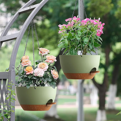 Set of 3-10 Inch Self Watering Hanging Planters for Indoor & Outdoor，Hanging Plant Pots with Drainage & Removable Tray, Modern Hanging Pots Holder for Ivy, Ferns, Balcony & Patio, Green and Brown