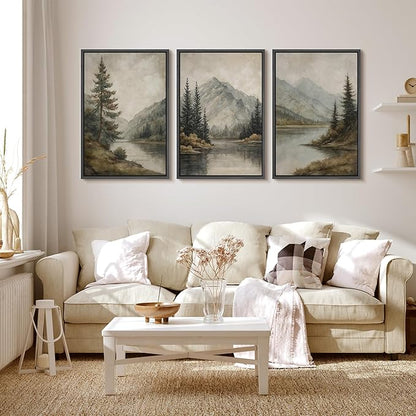 MUDECOR Framed Wall Art Print Set Mountain Landscape Nature with Trees, Lake, and Mountains, Rustic Illustrations Modern Art Decorative Colorful for Living Room, Bedroom, Office - 24"x36"x3 Black