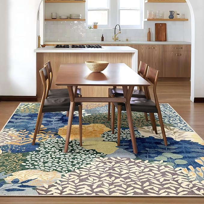 DEXDE Blue Area Rugs 5x7 Tropical Washable Non-Slip Abstract Leaf Floral Boho Soft Rug for Living Room Bedroom Botanical Large Carpet for Entryway, Kids Playroom, Office Decor