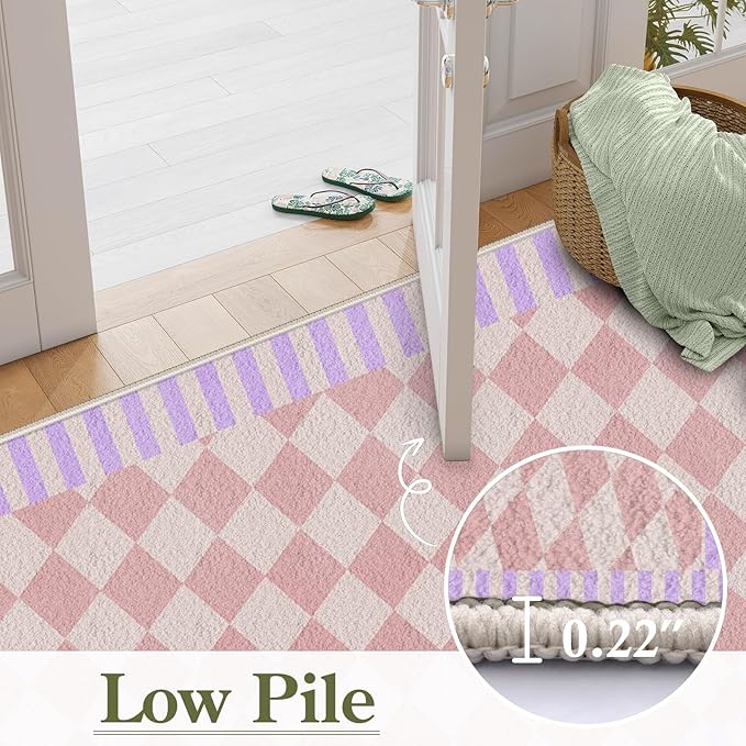 Pink Checkered Long Hallway Rug Runners, 2x6ft, Cute Girly Purple Geometric Design Bedroom Carpets for Girls, Fade Resistant Durable Pet Friendly Easy Clean Carpet for Indoor Porch