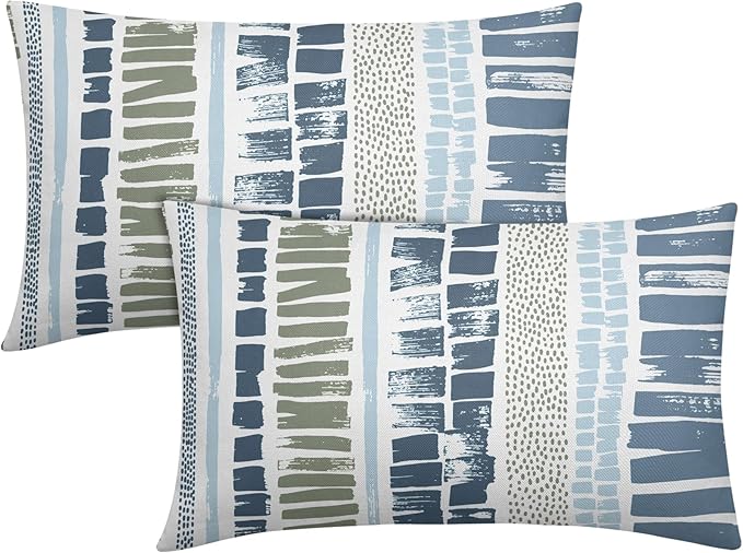 Blue Green Lumbar Pillow Covers 12x20 Set of 2 Boho Striped Dots Print Pattern Decorative Outdoor Zipper Pillowcases Rustic Decoration Farmhouse Linen Throw Cushion Cover Decor for Home Couch Sofa Bed