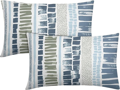 Blue Green Lumbar Pillow Covers 12x20 Set of 2 Boho Striped Dots Print Pattern Decorative Outdoor Zipper Pillowcases Rustic Decoration Farmhouse Linen Throw Cushion Cover Decor for Home Couch Sofa Bed