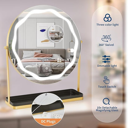 IDEALHOUSE Mirror with Lights, Three Color Adjustable LED Lighting, Removable Storage Case, 360° Rotation, Smart Touch Controls, Suitable for Desks/Bedrooms, Easy Assembly, Gold
