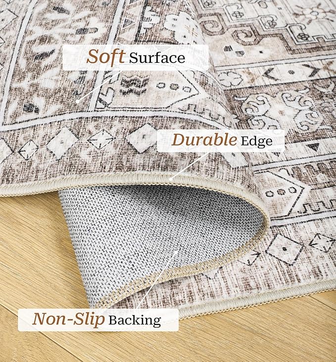 zesthome 4x6 Rug - Stain Resistant Washable Rug, Anti Slip Backing Rugs for Living Room, Foldable Vintage Small Area Rugs (Brown/Beige,4'x6')